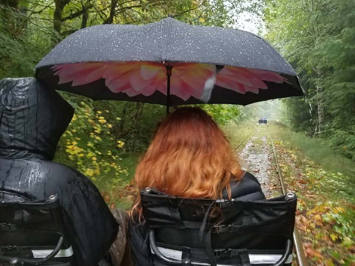 Two people ride a railbike on a forested path under a pink umbrella.