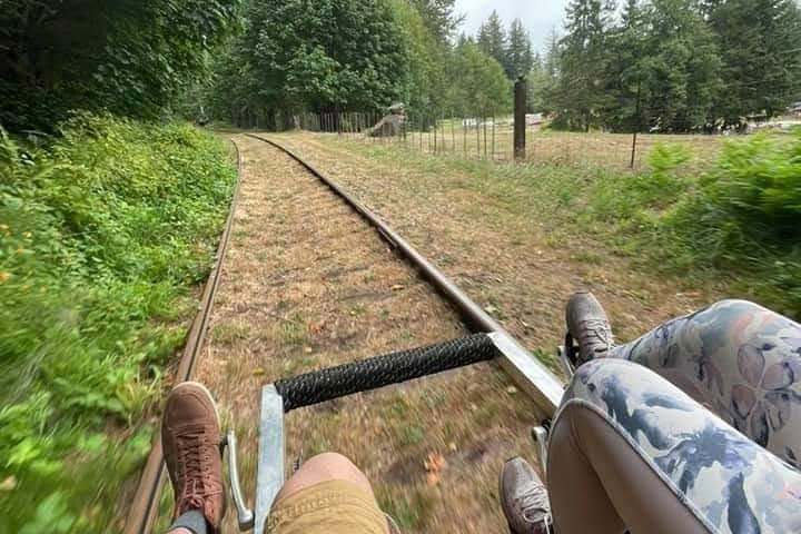 View from railbike showing forested tracks and two riders' legs.