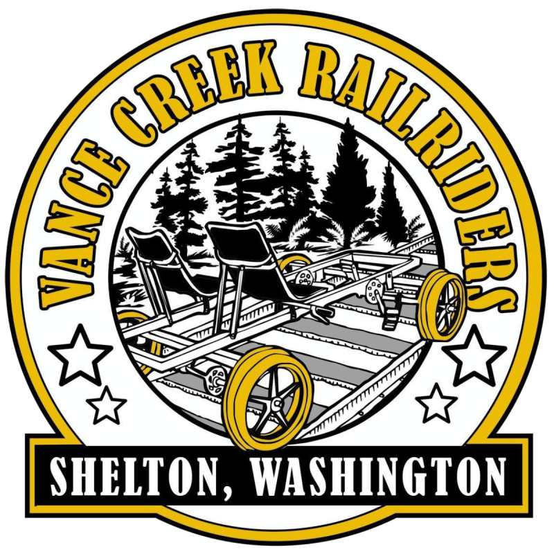 Logo with railbike illustration; text: Vance Creek Railriders, Shelton, Washington.