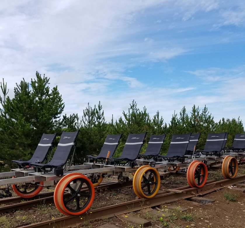 Two pedal-powered rail carts on train tracks near trees.