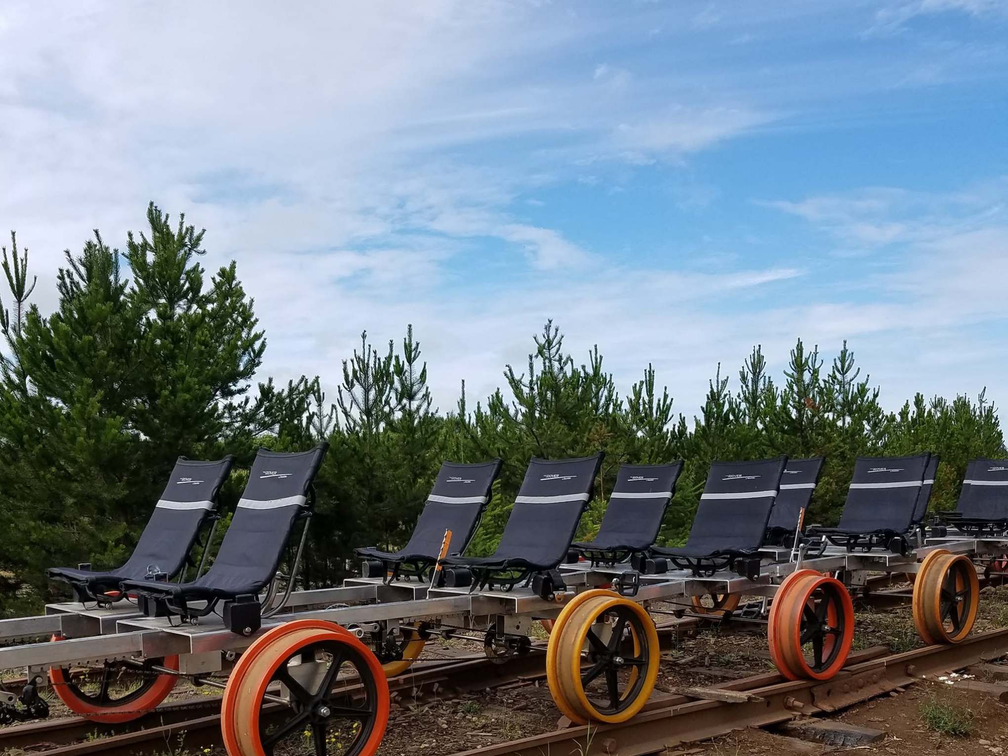 Outdoor rail bikes with four seats each on tracks, surrounded by trees and blue sky.