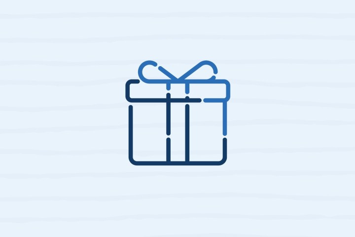 Outline of a gift box with ribbon on a light striped background.