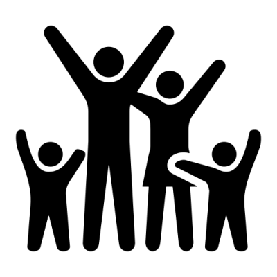 Black silhouette of a family with two adults and two children raising arms.