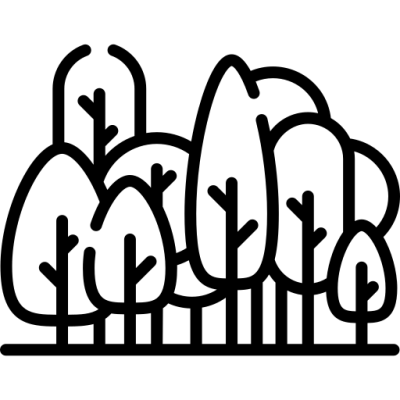 Line art of several stylized trees in a forest arrangement.