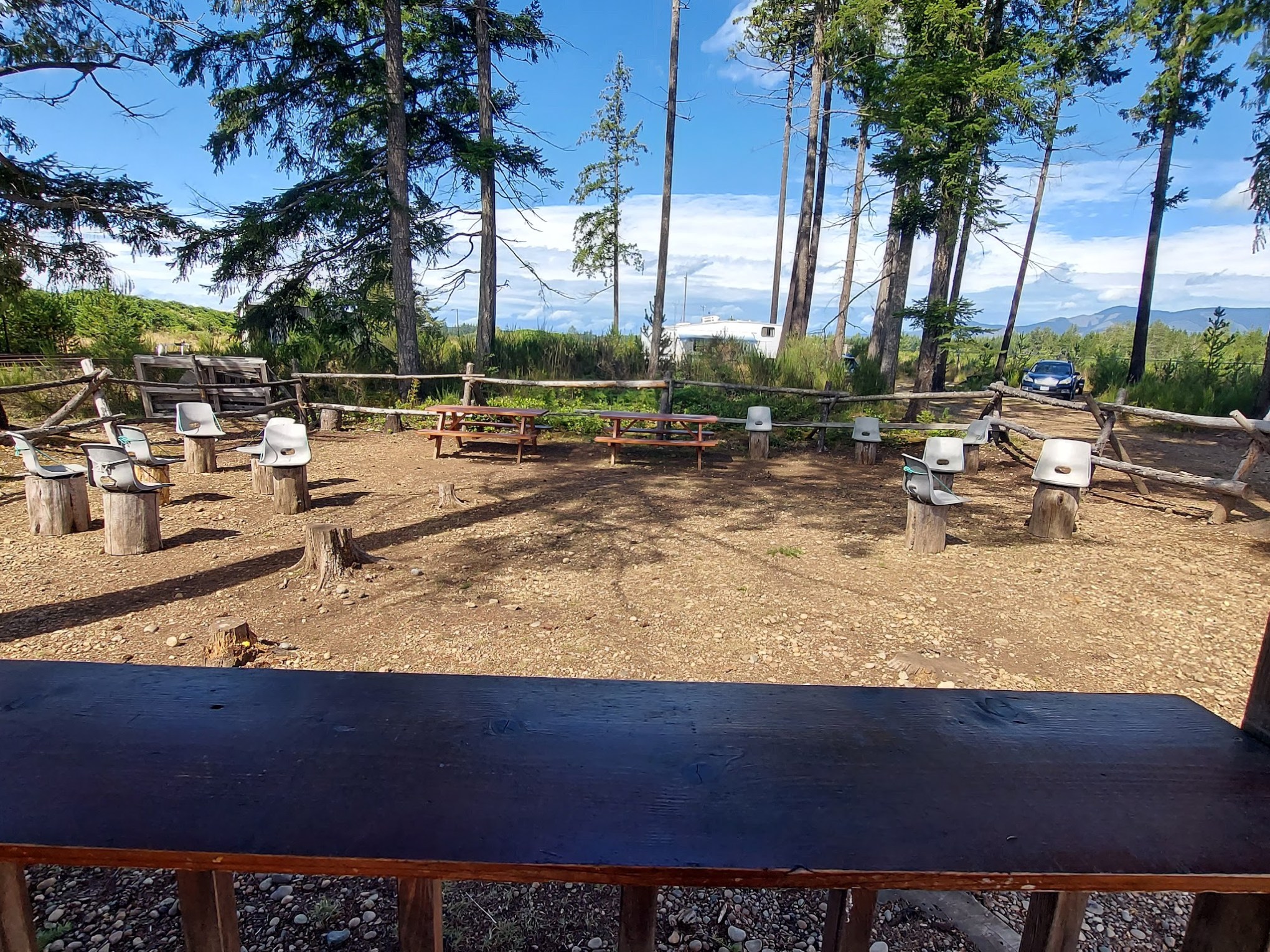 Outdoor seating area with wooden benches and tables near tall trees.